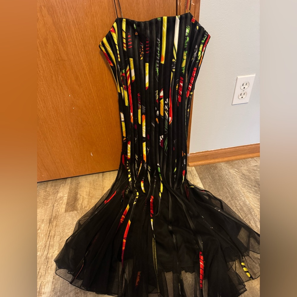 Issue SIZE 6 Skinny strap dress colorful underlayer w sheer over, midi length